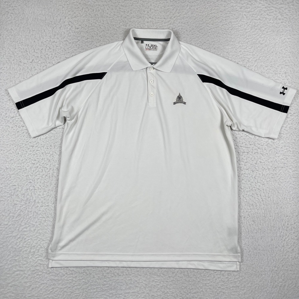Under Armour Polo Shirt Mens 2XL White Black Stripe Congressional Golf HeatGear
